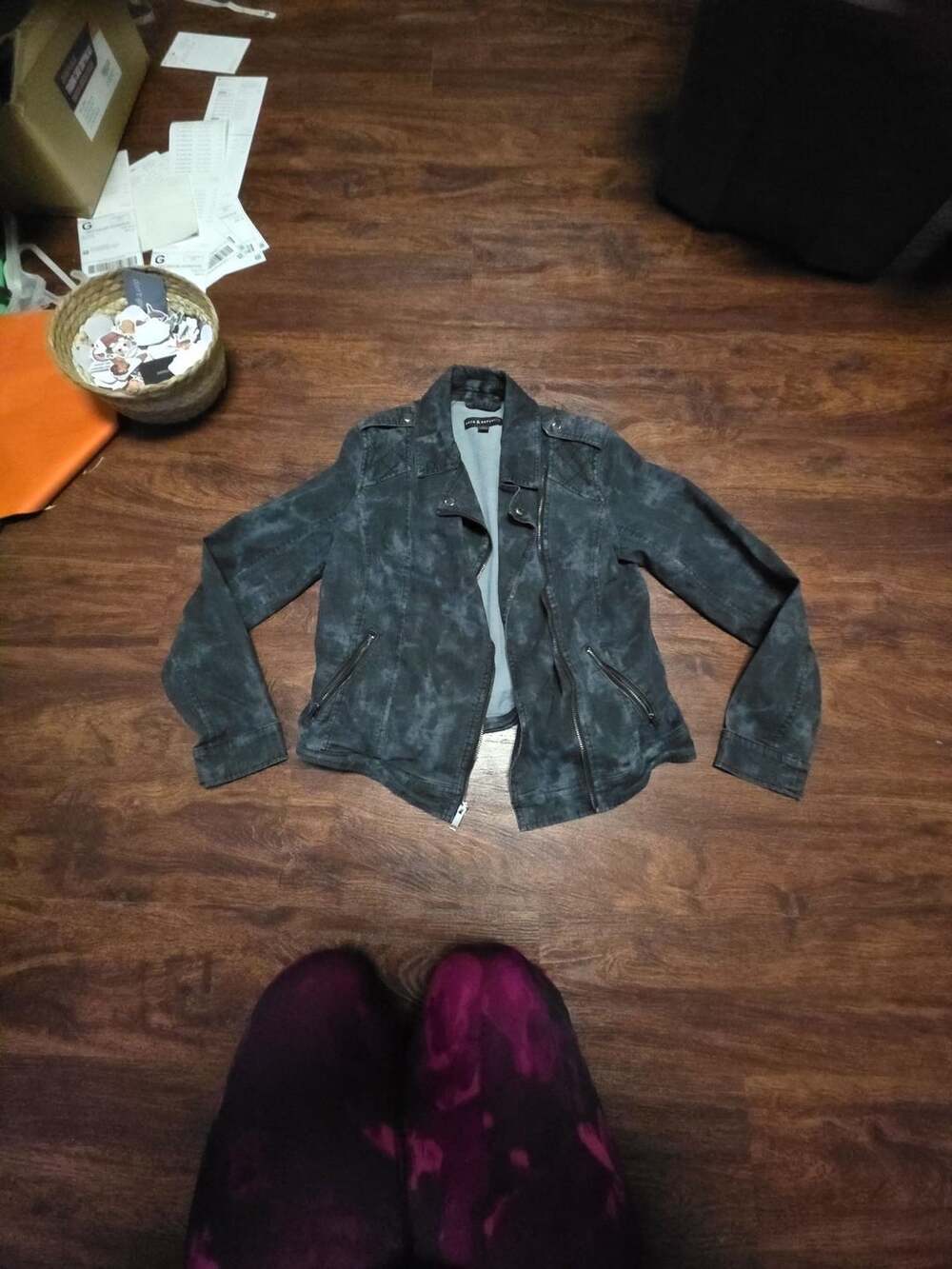 Rock & Republic Black Acid Wash Denim Moto Jacket Size M